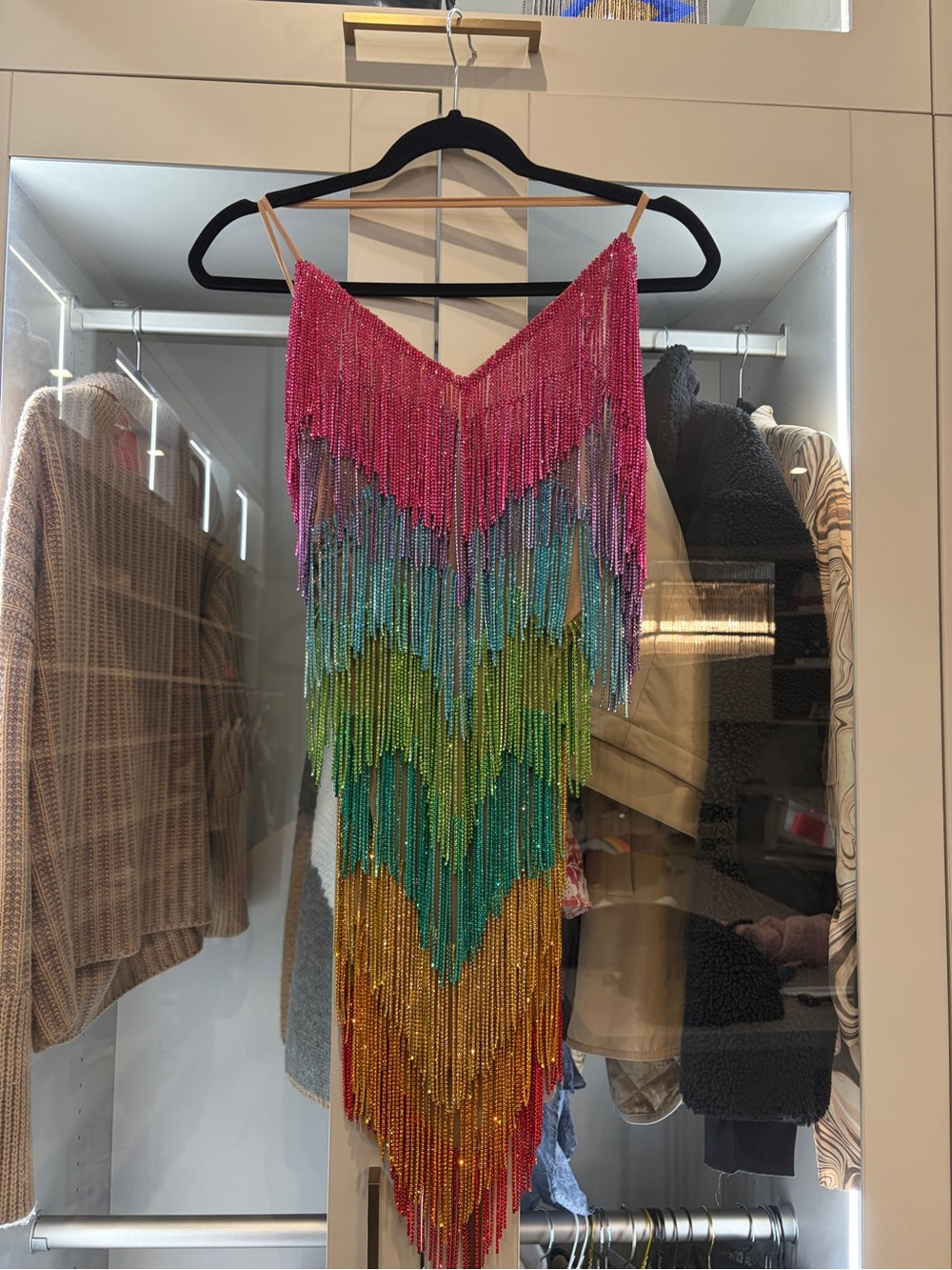 Beaded Fringe Multicolor Mini Dress with V-Neck